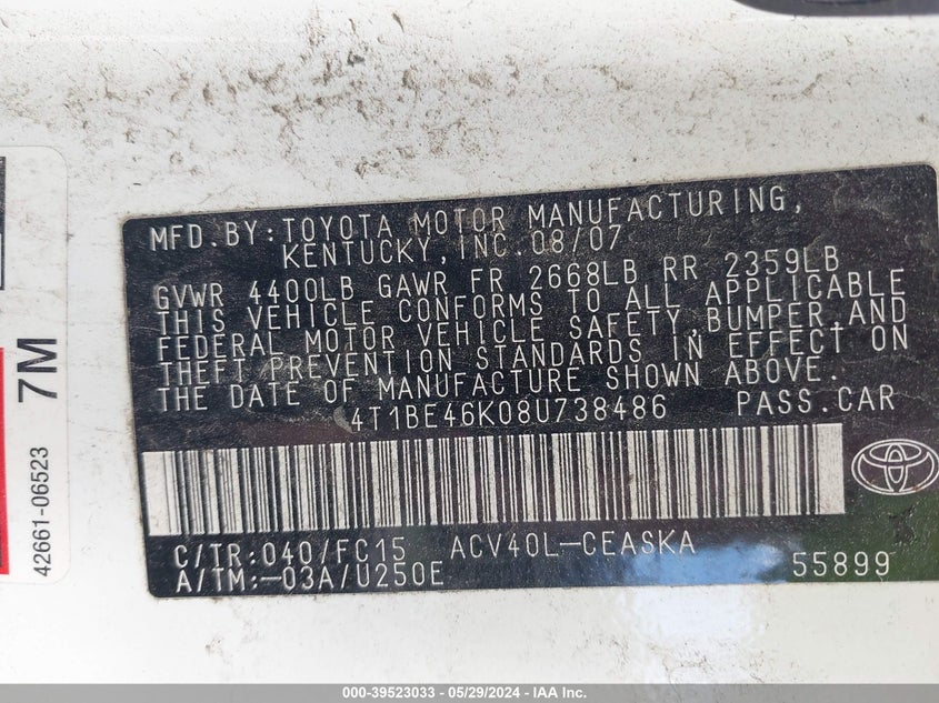 2008 Toyota Camry Se VIN: 4T1BE46K08U738486 Lot: 39523033