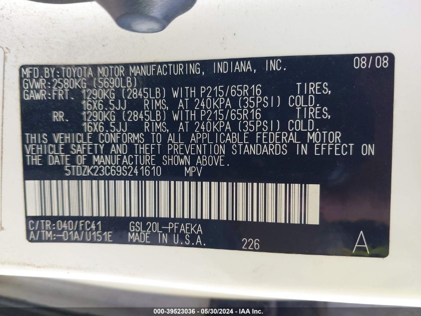 2009 Toyota Sienna Le VIN: 5TDZK23C69S241610 Lot: 39523036