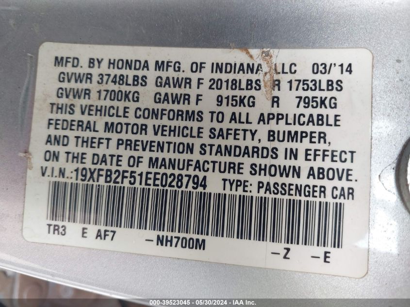 2014 Honda Civic Lx VIN: 19XFB2F51EE028794 Lot: 39523045