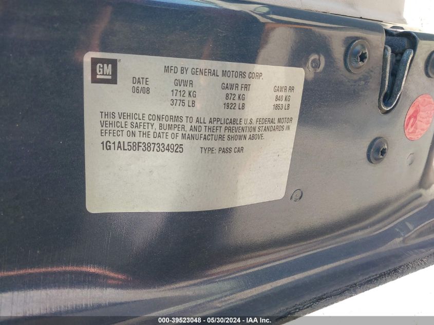 2008 Chevrolet Cobalt Lt VIN: 1G1AL58F387334925 Lot: 39523048