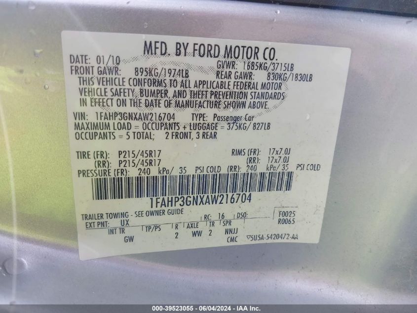 2010 Ford Focus Ses VIN: 1FAHP3GNXAW216704 Lot: 39523055