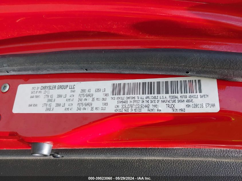 2012 Ram 1500 Slt VIN: 3C6JD7BT1CG161442 Lot: 39523060