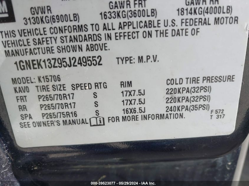 2005 Chevrolet Tahoe Lt VIN: 1GNEK13Z95J249552 Lot: 39523077