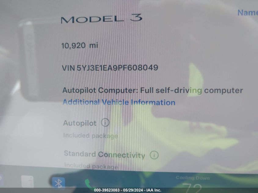 2023 Tesla Model 3 Rear-Wheel Drive VIN: 5YJ3E1EA9PF608049 Lot: 39523083