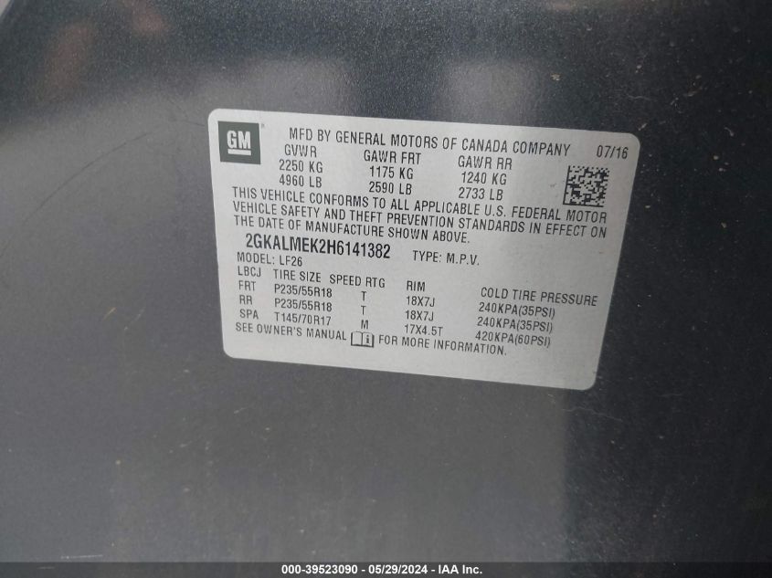 2017 GMC Terrain Sle-1 VIN: 2GKALMEK2H6141382 Lot: 39523090