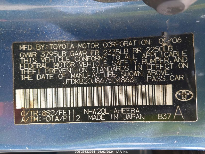 2006 Toyota Prius VIN: JTDKB20U867504863 Lot: 39523094