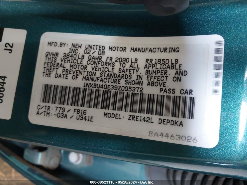 2009 Toyota Corolla Le VIN: 1NXBU40E39Z005372 Lot: 39523118