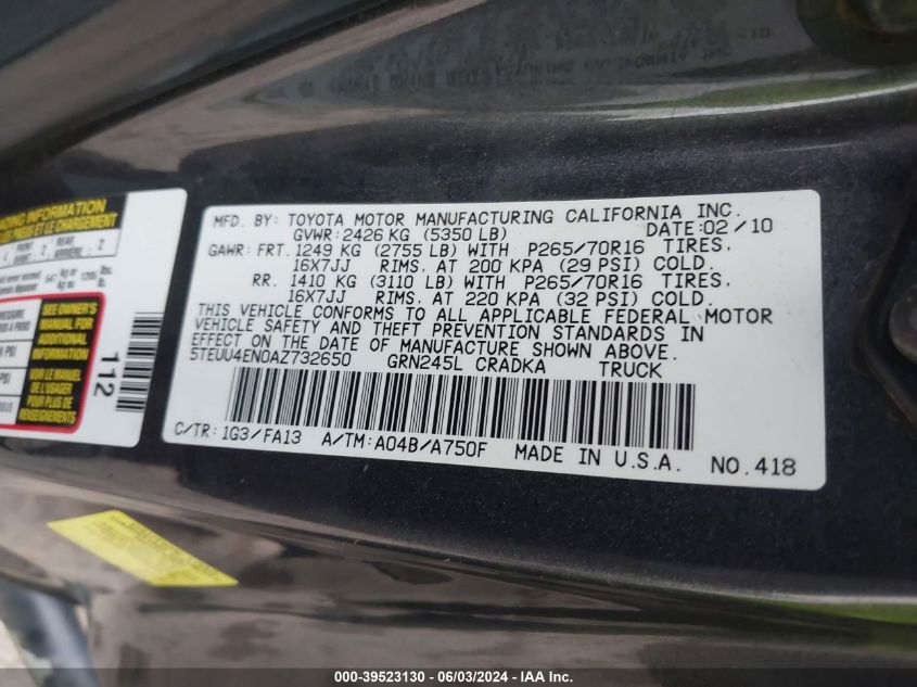 2010 Toyota Tacoma Base V6 VIN: 5TEUU4EN0AZ732650 Lot: 39523130