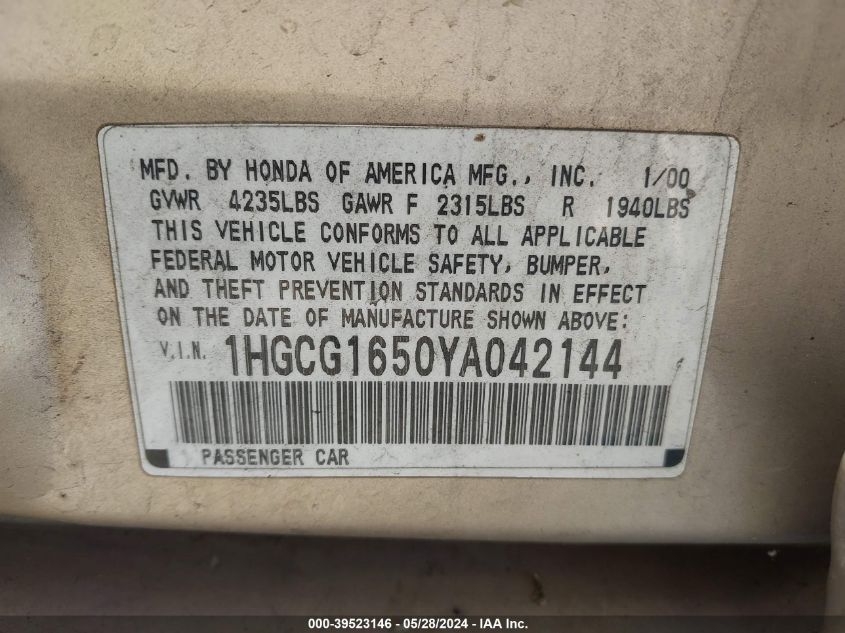 2000 Honda Accord 3.0 Ex VIN: 1HGCG1650YA042144 Lot: 39523146