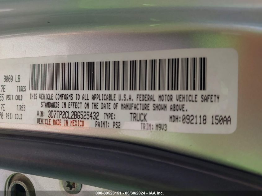 2011 Ram Ram 2500 Slt VIN: 3D7TP2CL2BG525432 Lot: 39523151