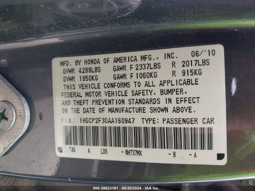 2010 Honda Accord 2.4 Lx VIN: 1HGCP2F30AA160947 Lot: 39523161
