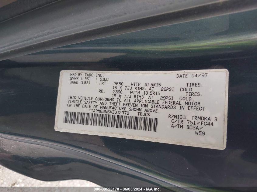 1997 Toyota Tacoma VIN: 4TAPM62N6VZ312370 Lot: 39523178