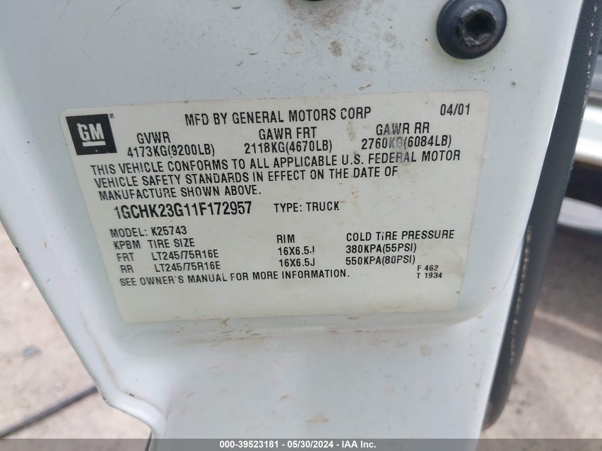 2001 Chevrolet Silverado 2500Hd Ls VIN: 1GCHK23G11F172957 Lot: 39523181