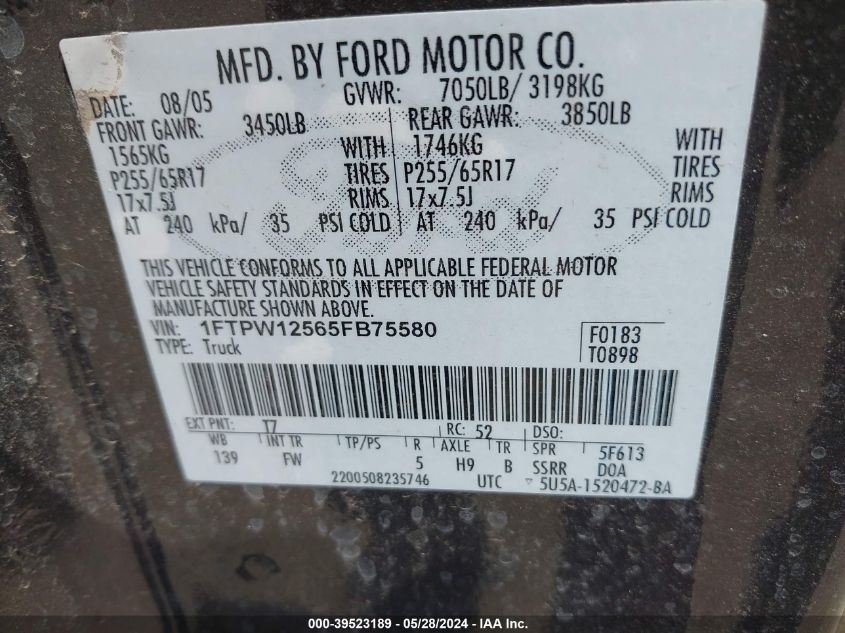 2005 Ford F-150 Lariat/Xlt VIN: 1FTPW12565FB75580 Lot: 39523189