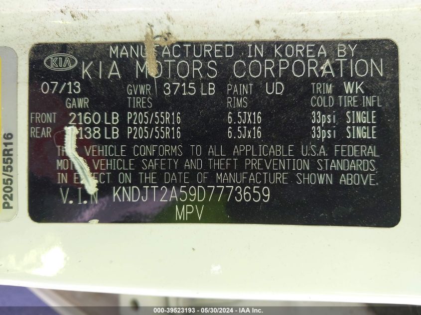 2013 Kia Soul VIN: KNDJT2A59D7773659 Lot: 39523193