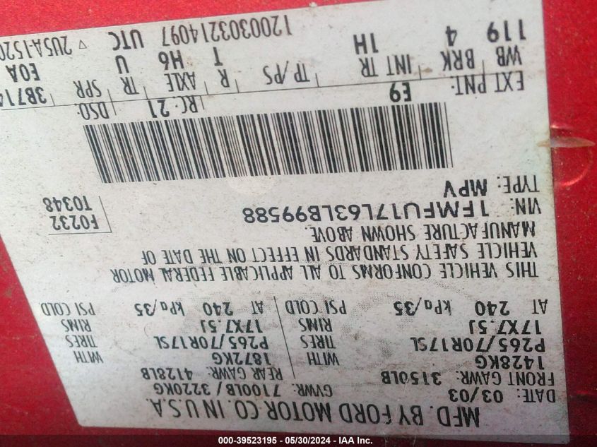 2003 Ford Expedition Eddie Bauer VIN: 1FMFU17L63LB99588 Lot: 39523195