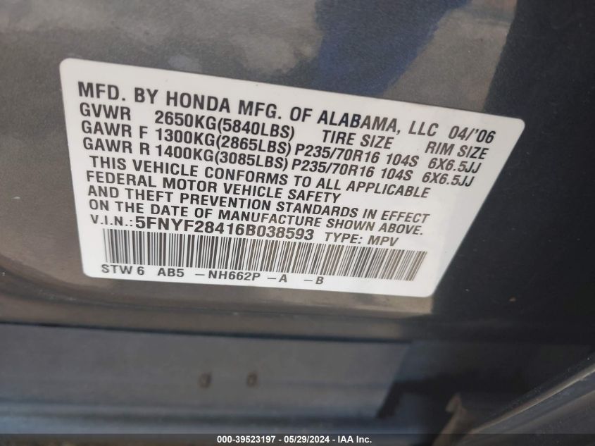 2006 Honda Pilot Ex VIN: 5FNYF28416B038593 Lot: 39523197