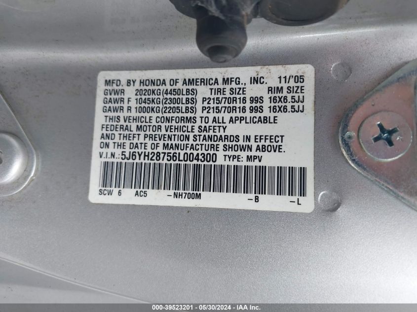 2006 Honda Element Ex-P VIN: 5J6YH28756L004300 Lot: 39523201
