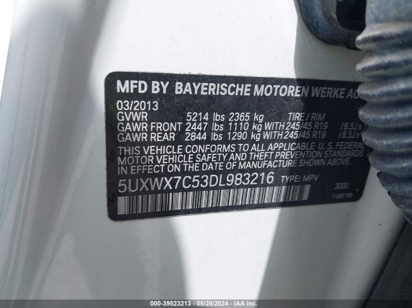 2013 BMW X3 xDrive35I VIN: 5UXWX7C53DL983216 Lot: 39523213