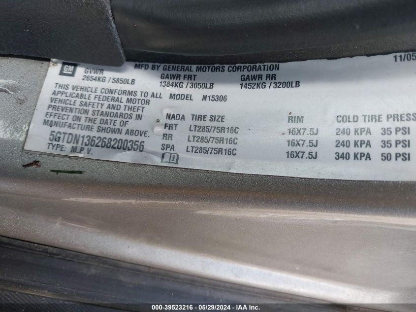 2006 Hummer H3 Suv VIN: 5GTDN136268200356 Lot: 39523216