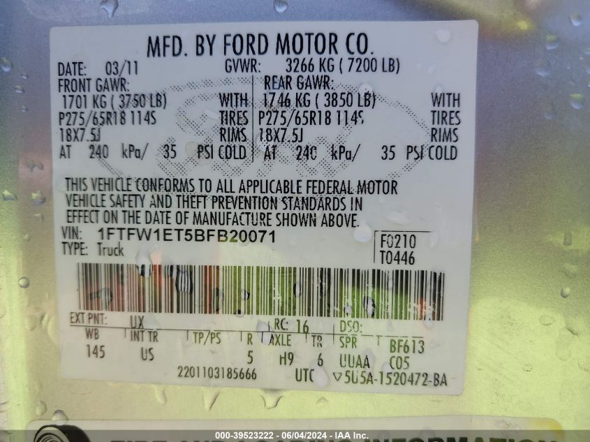 2011 Ford F-150 Xlt VIN: 1FTFW1ET5BFB20071 Lot: 39523222