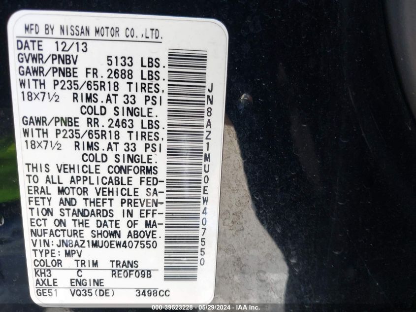 2014 Nissan Murano Le/S/Sl/Sv VIN: JN8AZ1MU0EW407550 Lot: 39523228