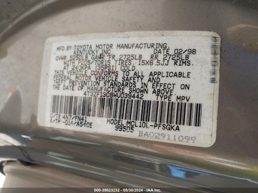 4T3ZF13C8WU039442 1998 Toyota Sienna Le