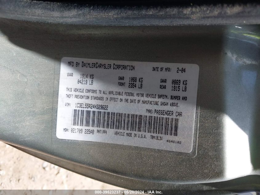 2004 Chrysler Sebring Lxi VIN: 1C3EL55R24N329622 Lot: 39523237