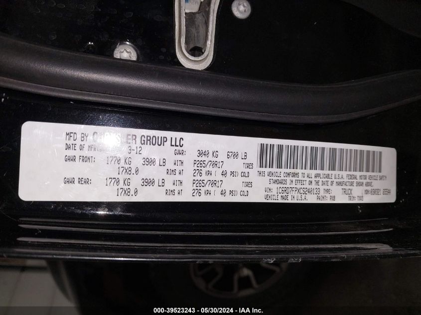 2012 Ram 1500 St VIN: 1C6RD7FPXCS240133 Lot: 39523243