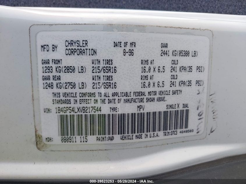 1997 Dodge Grand Caravan Es/Le VIN: 1B4GP54LXVB217544 Lot: 39523253