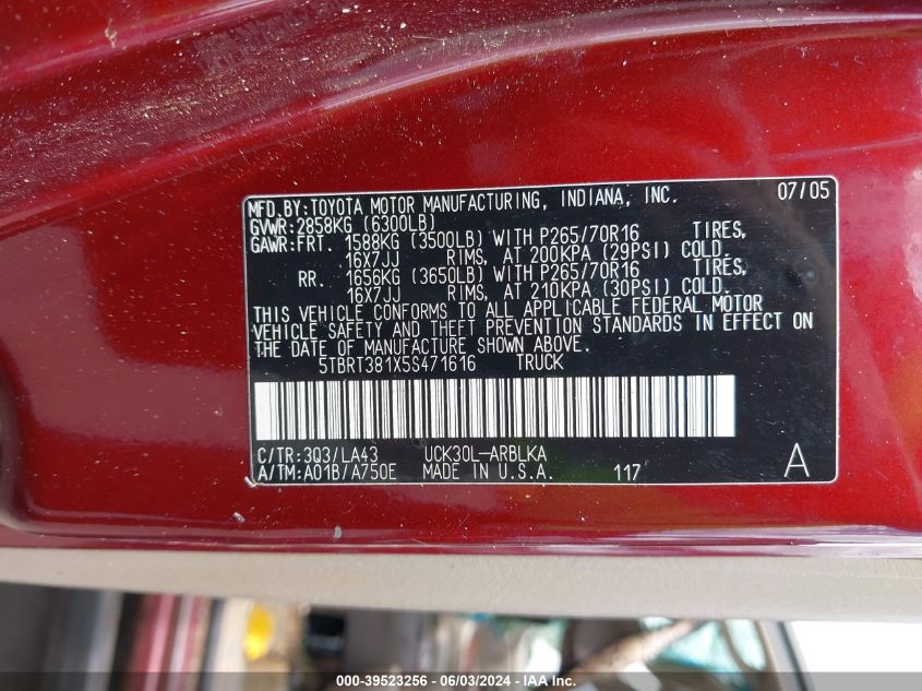2005 Toyota Tundra Ltd V8 VIN: 5TBRT381X5S471616 Lot: 39523256
