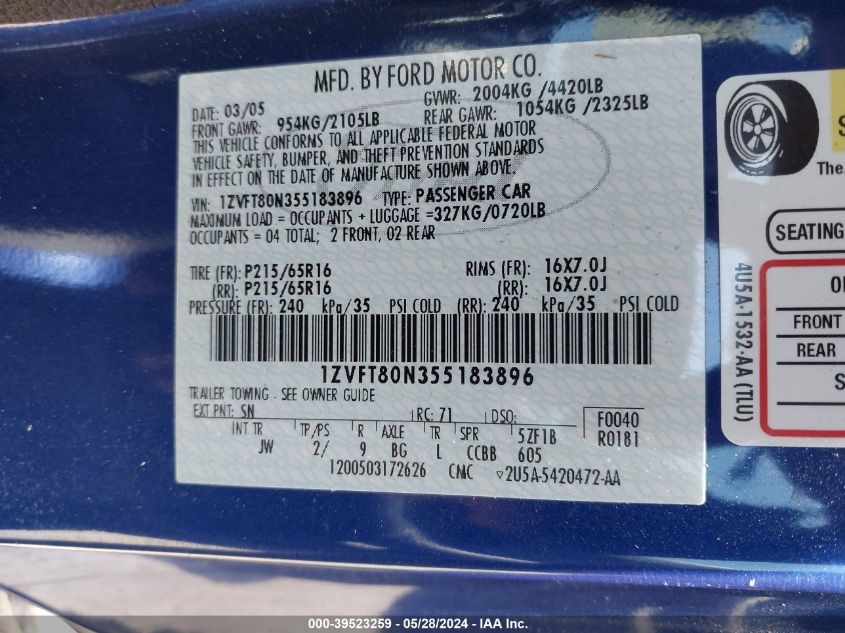 2005 Ford Mustang V6 Deluxe/V6 Premium VIN: 1ZVFT80N355183896 Lot: 39523259