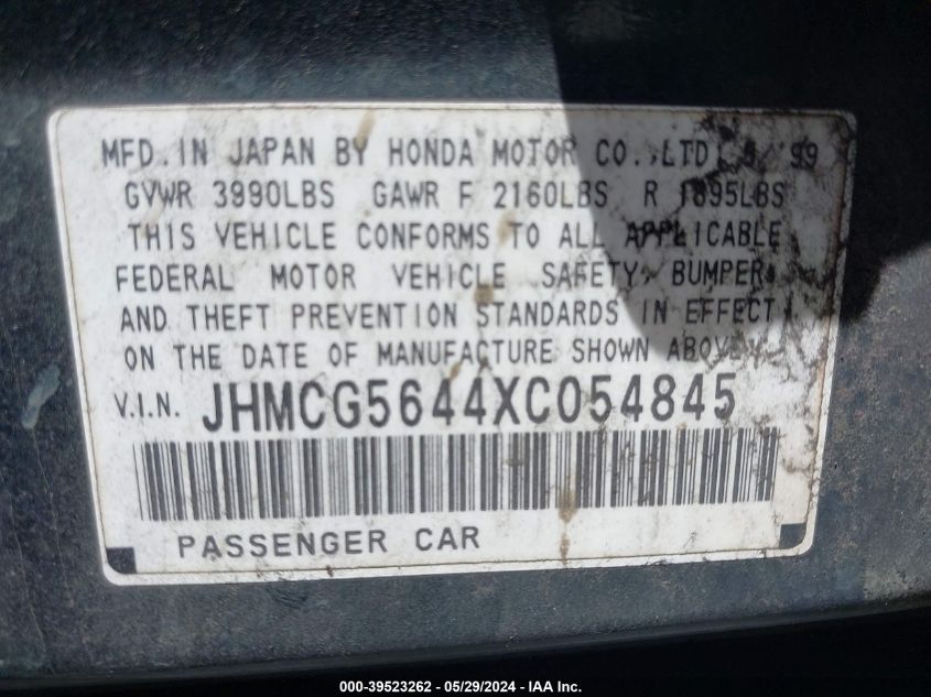 1999 Honda Accord Lx VIN: JHMCG5644XC054845 Lot: 39523262