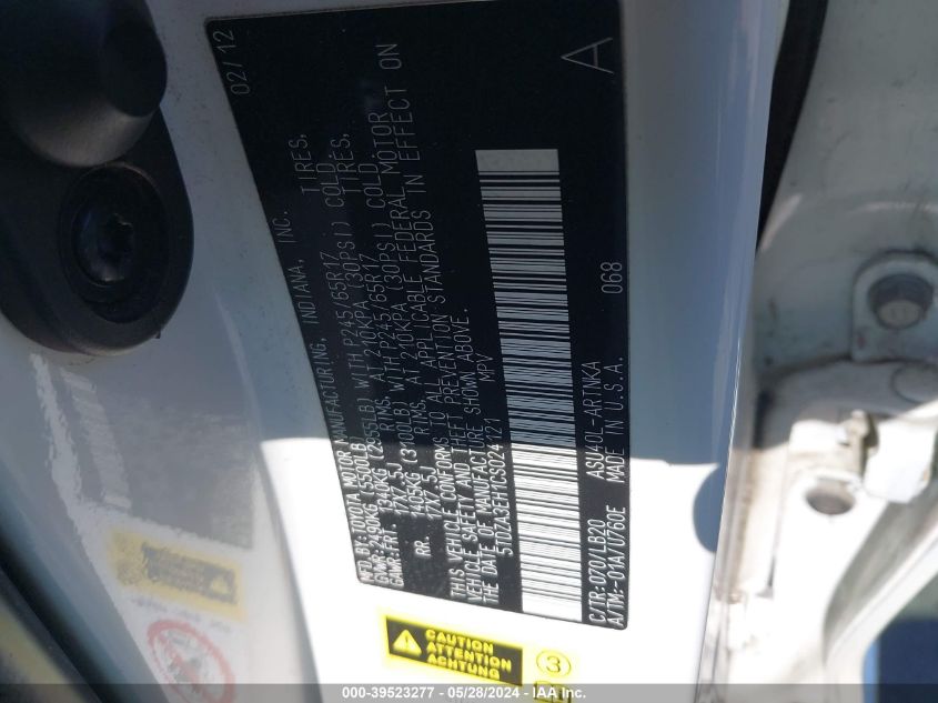 2012 Toyota Highlander Se VIN: 5TDZA3EH1CS024121 Lot: 39523277