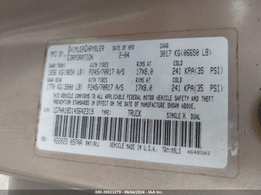 2004 Dodge Ram 1500 Slt/Laramie VIN: 1D7HA18D14S642319 Lot: 39523279