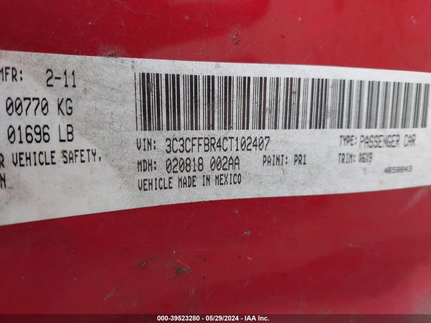 2012 Fiat 500 Sport VIN: 3C3CFFBR4CT102407 Lot: 39523280