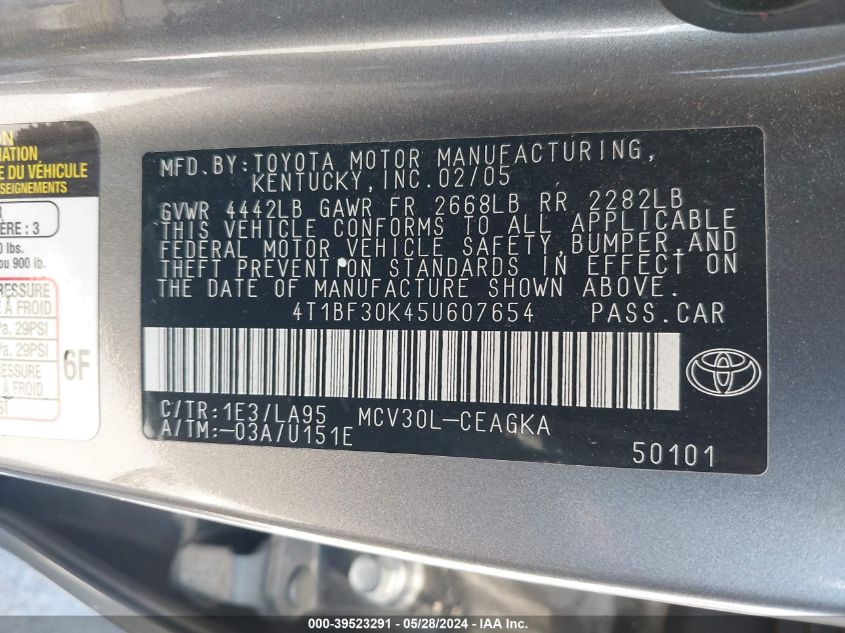 2005 Toyota Camry Xle V6 VIN: 4T1BF30K45U607654 Lot: 39523291