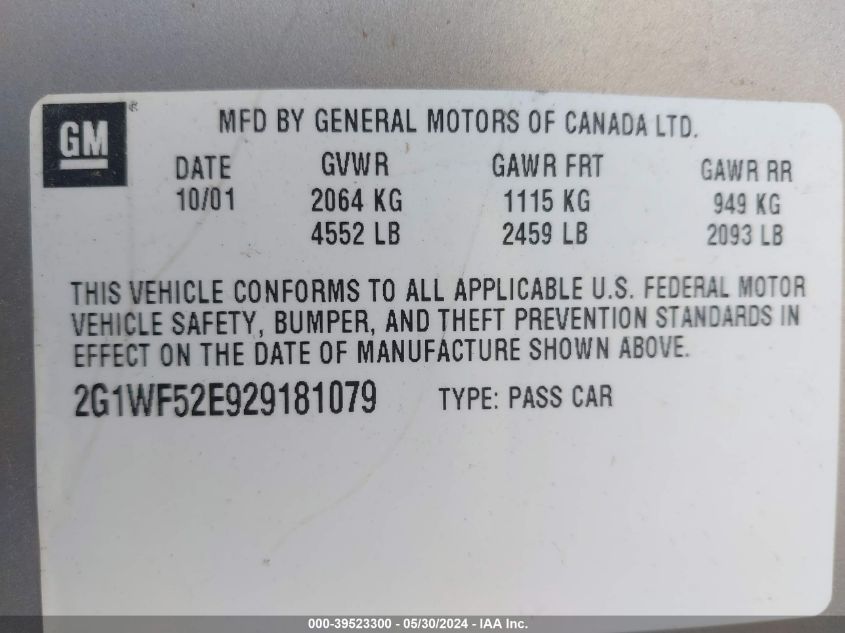 2002 Chevrolet Impala VIN: 2G1WF52E929181079 Lot: 39523300