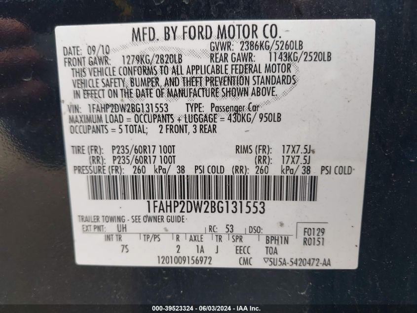 1FAHP2DW2BG131553 2011 Ford Taurus Se