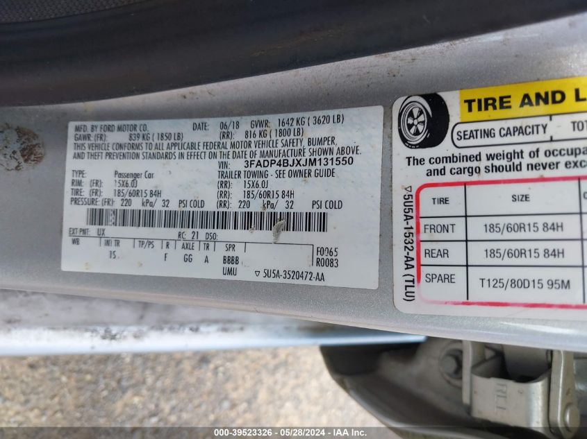 2018 Ford Fiesta Se VIN: 3FADP4BJXJM131550 Lot: 39523326