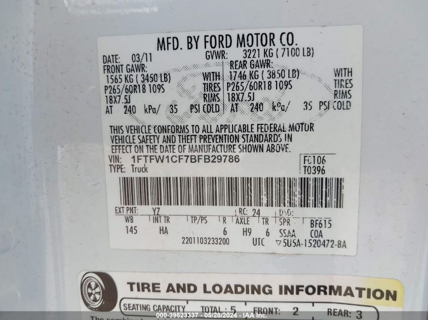 2011 Ford F-150 Lariat VIN: 1FTFW1CF7BFB29786 Lot: 39523337