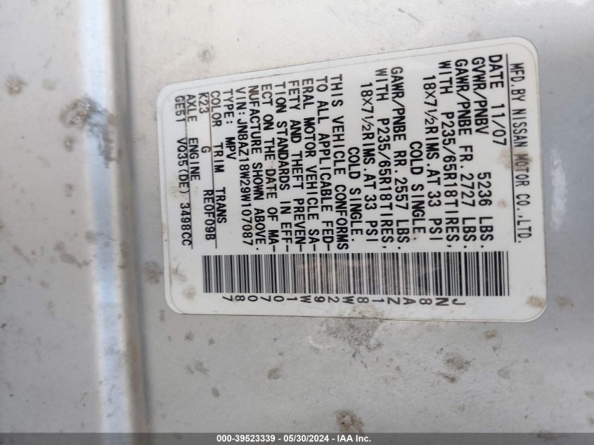 2009 Nissan Murano Sl VIN: JN8AZ18W29W107087 Lot: 39523339