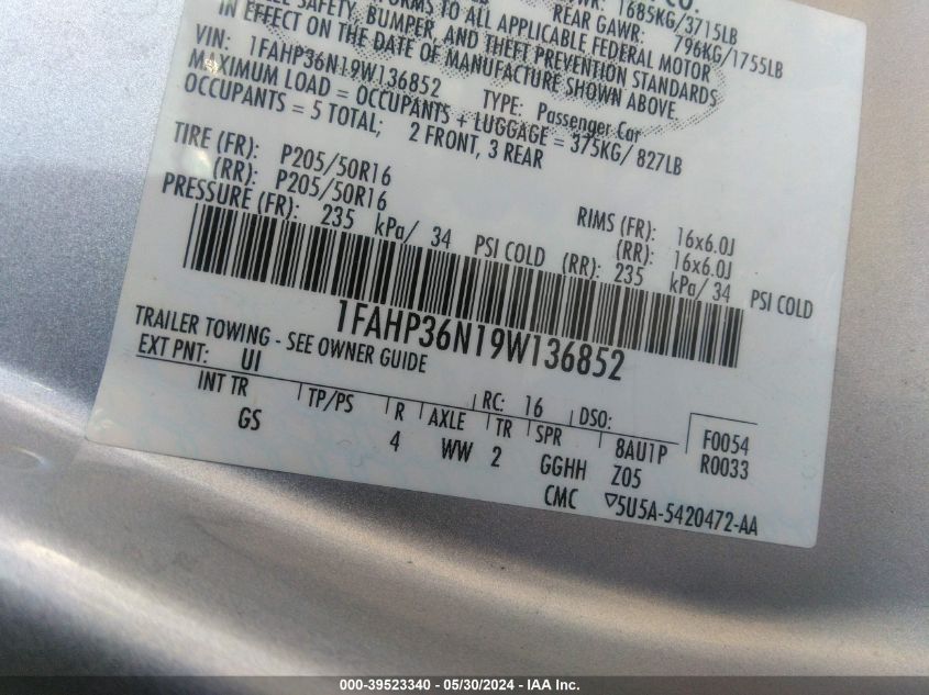 2009 Ford Focus Ses VIN: 1FAHP36N19W136852 Lot: 39523340