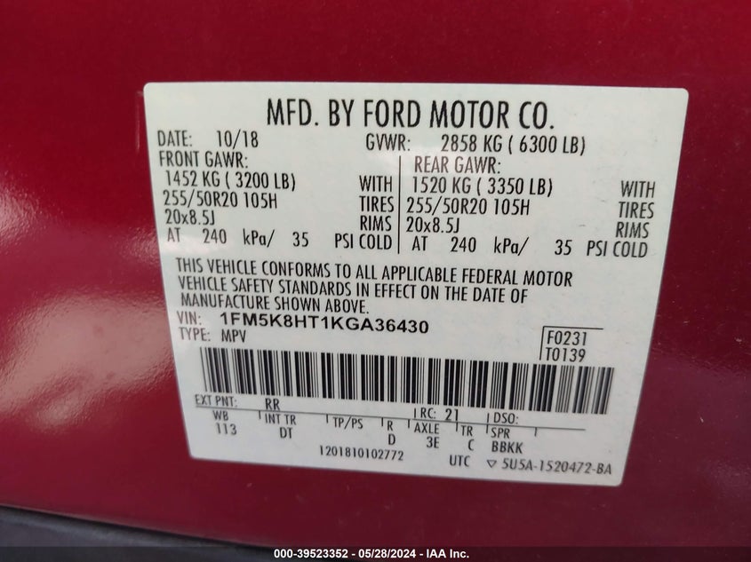 VIN 1FM5K8HT1KGA36430 2019 FORD EXPLORER PLATINUM