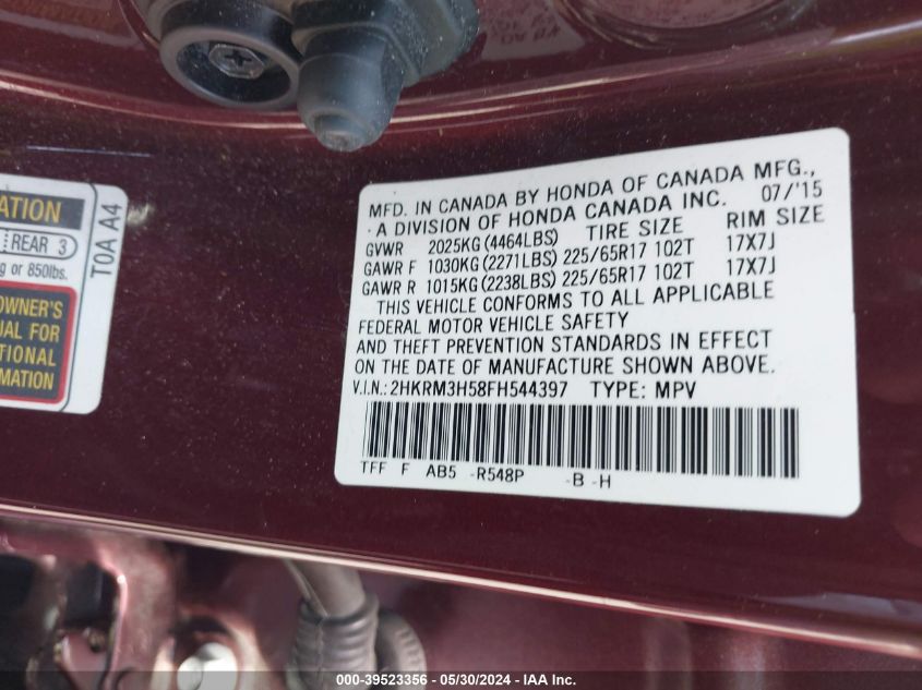 2015 Honda Cr-V Ex VIN: 2HKRM3H58FH544397 Lot: 39523356