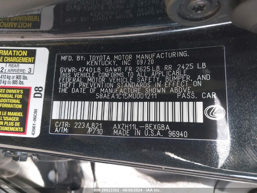 2021 Lexus Es 300H Luxury VIN: 58AEA1C15MU001211 Lot: 39523382