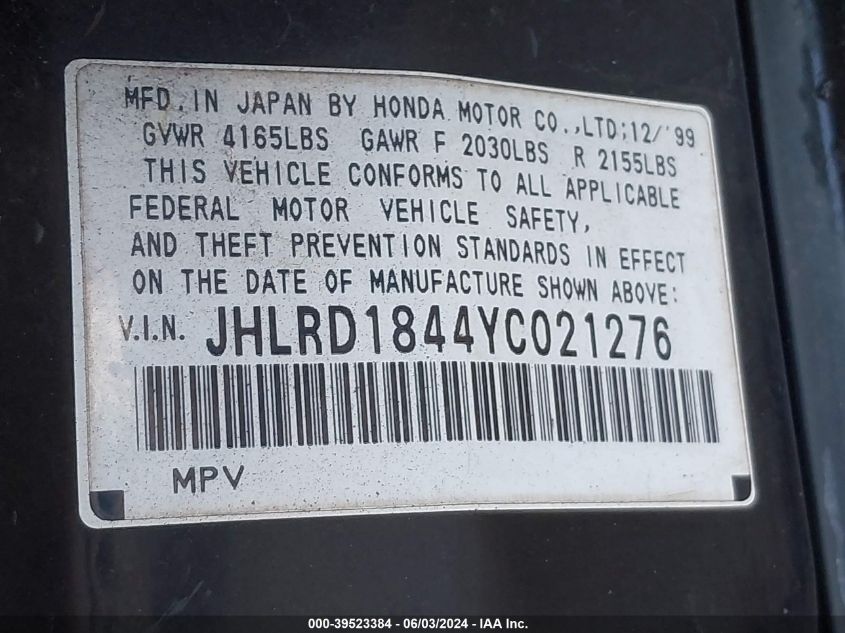 2000 Honda Cr-V Lx VIN: JHLRD1844YC021276 Lot: 39523384