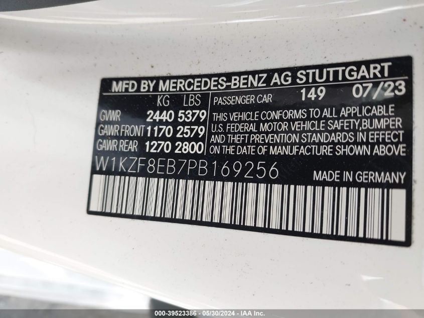 2023 Mercedes-Benz E 350 4Matic VIN: W1KZF8EB7PB169256 Lot: 39523386