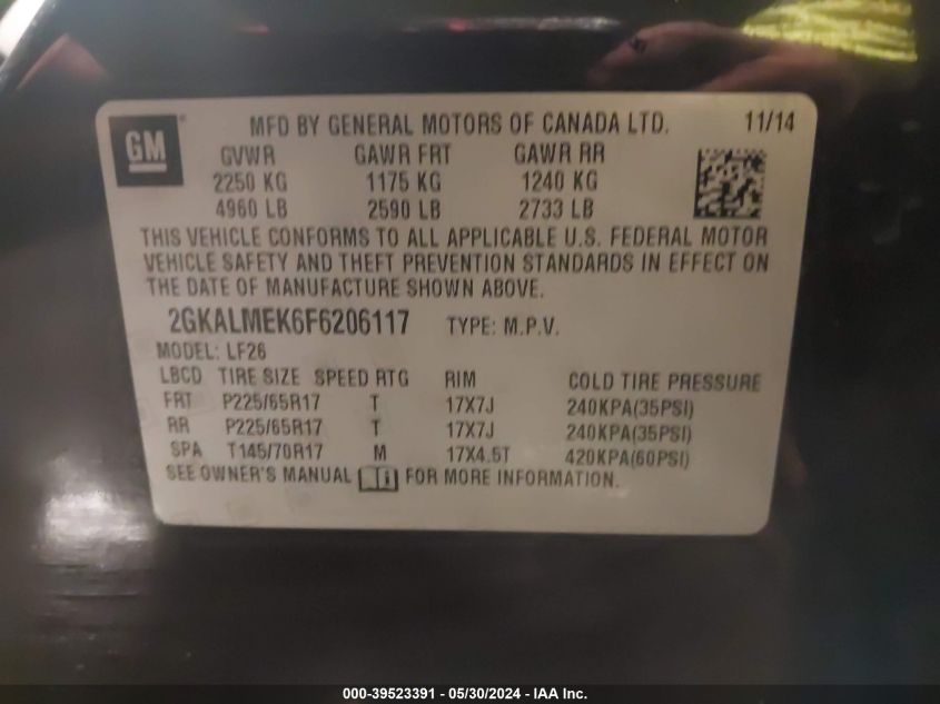 2015 GMC Terrain Sle-1 VIN: 2GKALMEK6F6206117 Lot: 39523391