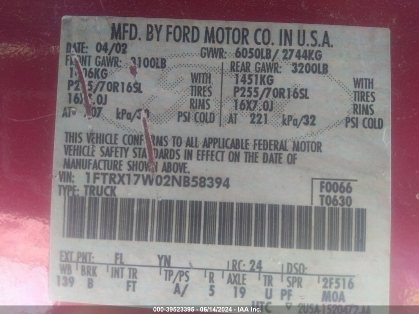 2002 Ford F-150 Lariat/Xl/Xlt VIN: 1FTRX17W02NB58394 Lot: 39523395